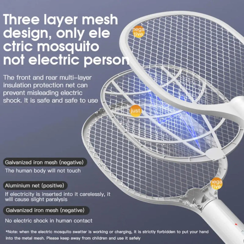 3 IN 1 Electric Mosquito Swatter Mosquito Killer 3500V USB Rechargeable Angle Adjustable Electric Bug Zapper Fly Bat Swatter